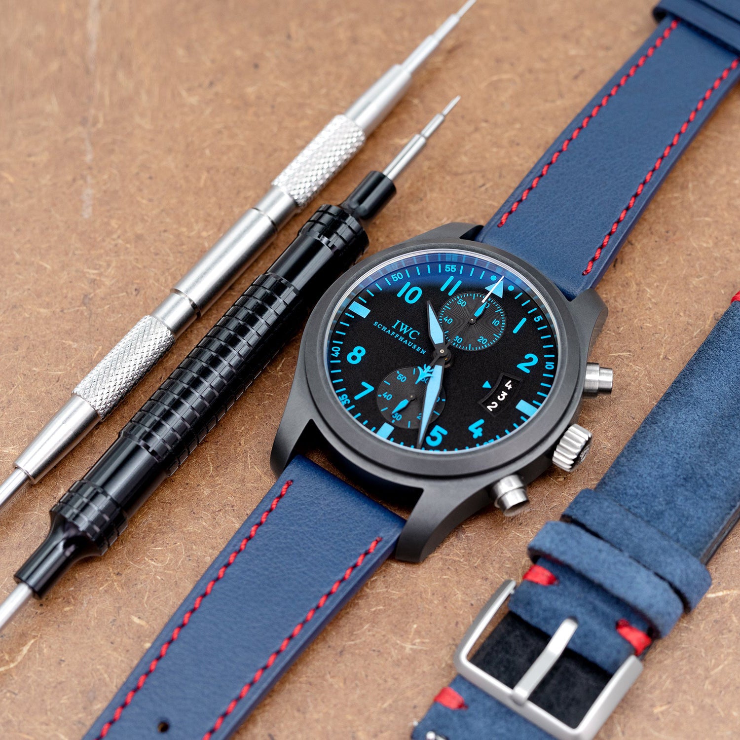 Q.R. 19mm, 20mm or 22mm Blue Tapered Leather Watch Band, Red Stitching + Zermatt Strapcode Watch Bands