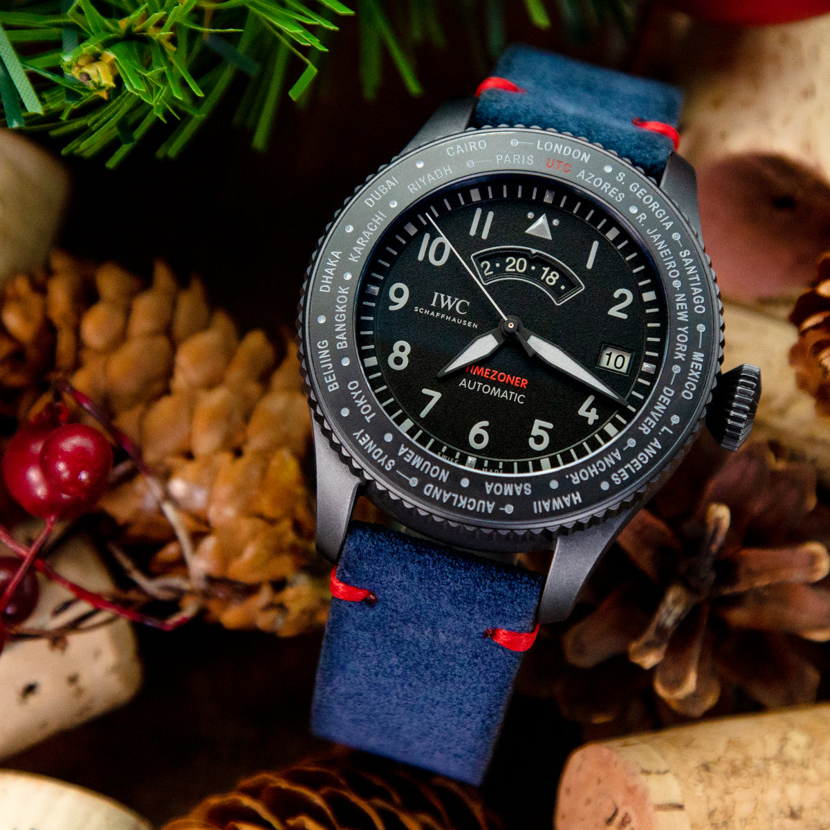 Navy Blue 19mm, 20mm, 21mm, 22mm MiLTAT Quick Release Nubuck Leather Watch Strap, Red Stitching, Sandblasted