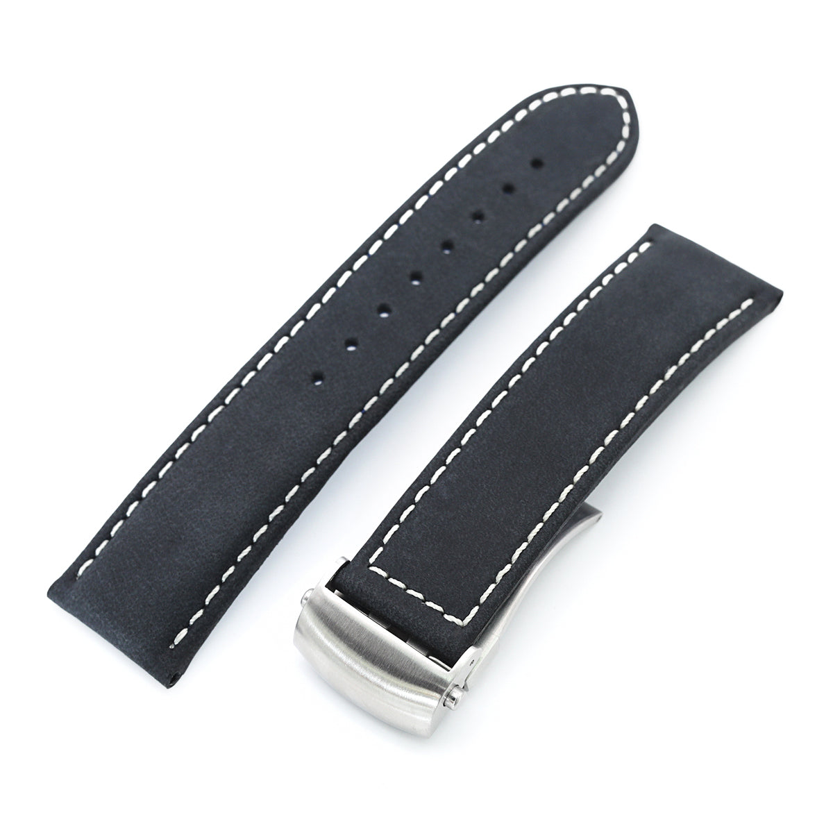 MiLTAT 22mm Matte Black Nubuck Leather Deployment Watch Strap, Beige Stitching Strapcode Watch Bands
