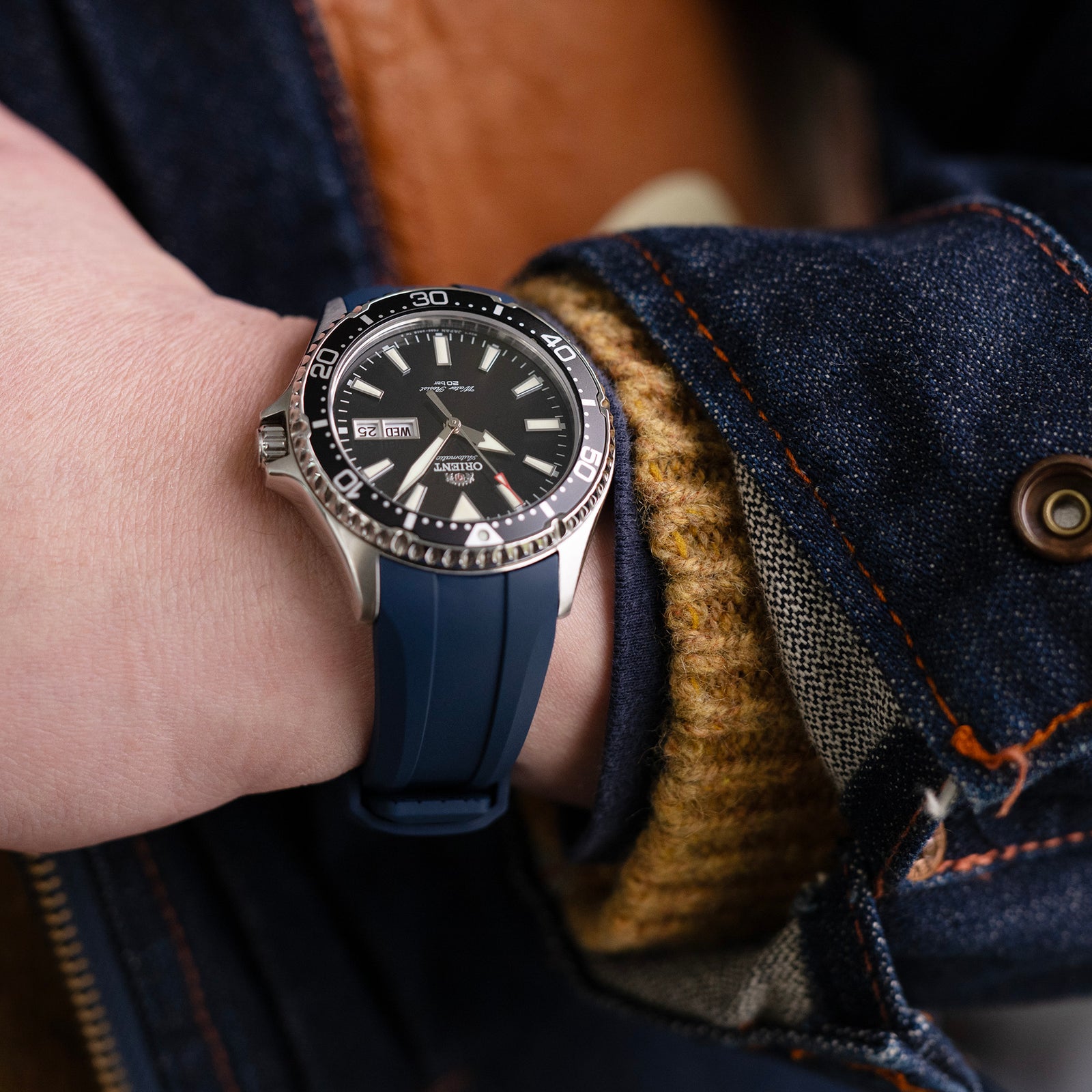 Bracelet Wheels FKM pour Orient Kamasu, 22mm caoutchouc bleu marine, libération rapide, extrémité courbée
