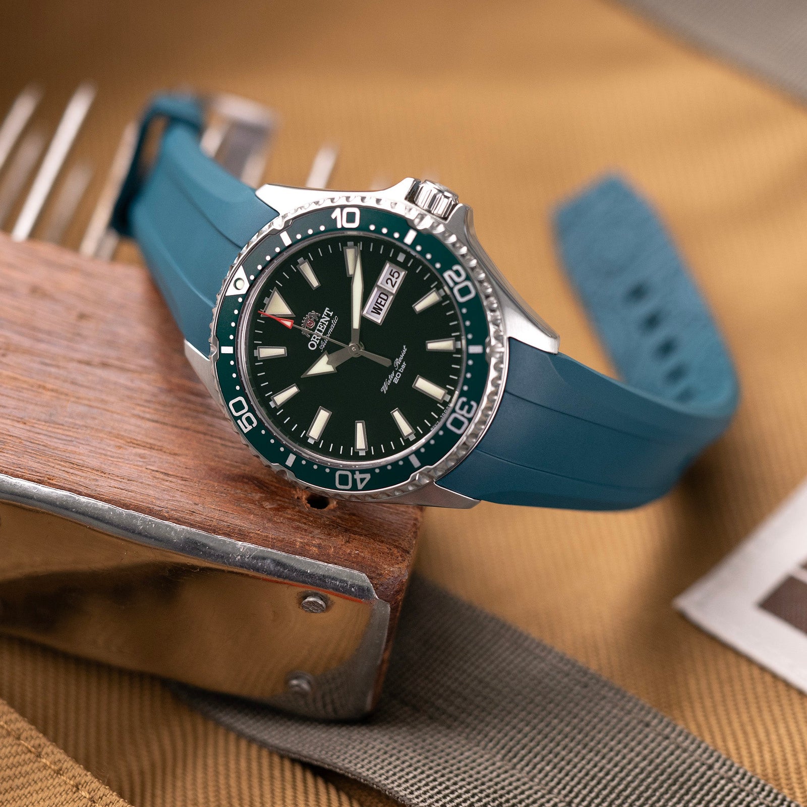 Orient Rally Strap 20mm Green Curved End FKM Rubber Strap for Orient Kamasu | Strapcode