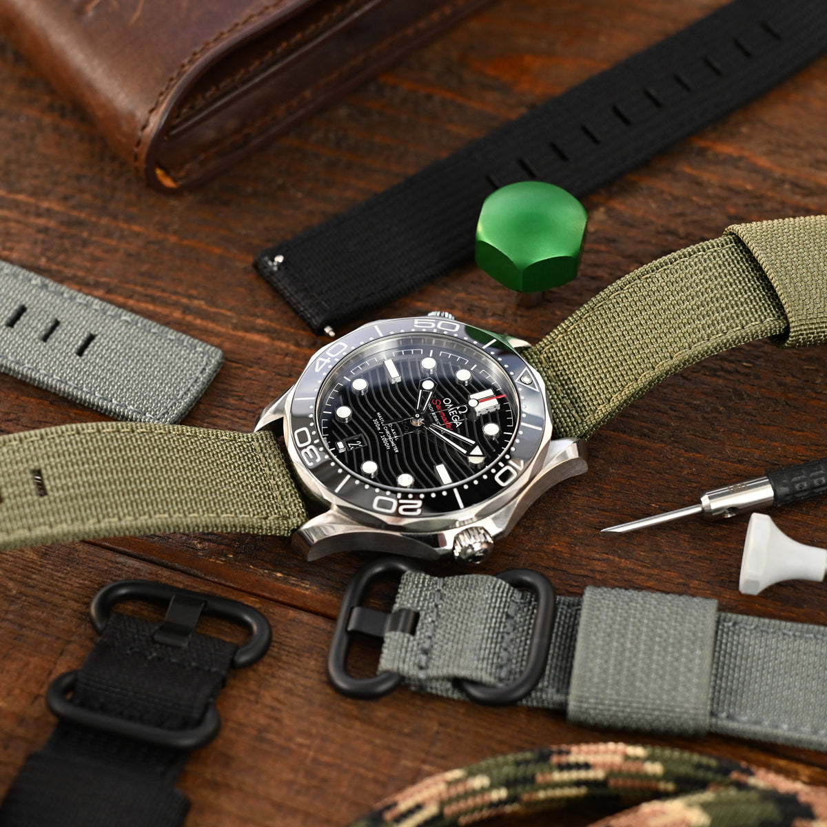 Q.R. 20mm 2-pcs Ribbed Nylon Watch Band, Military Green