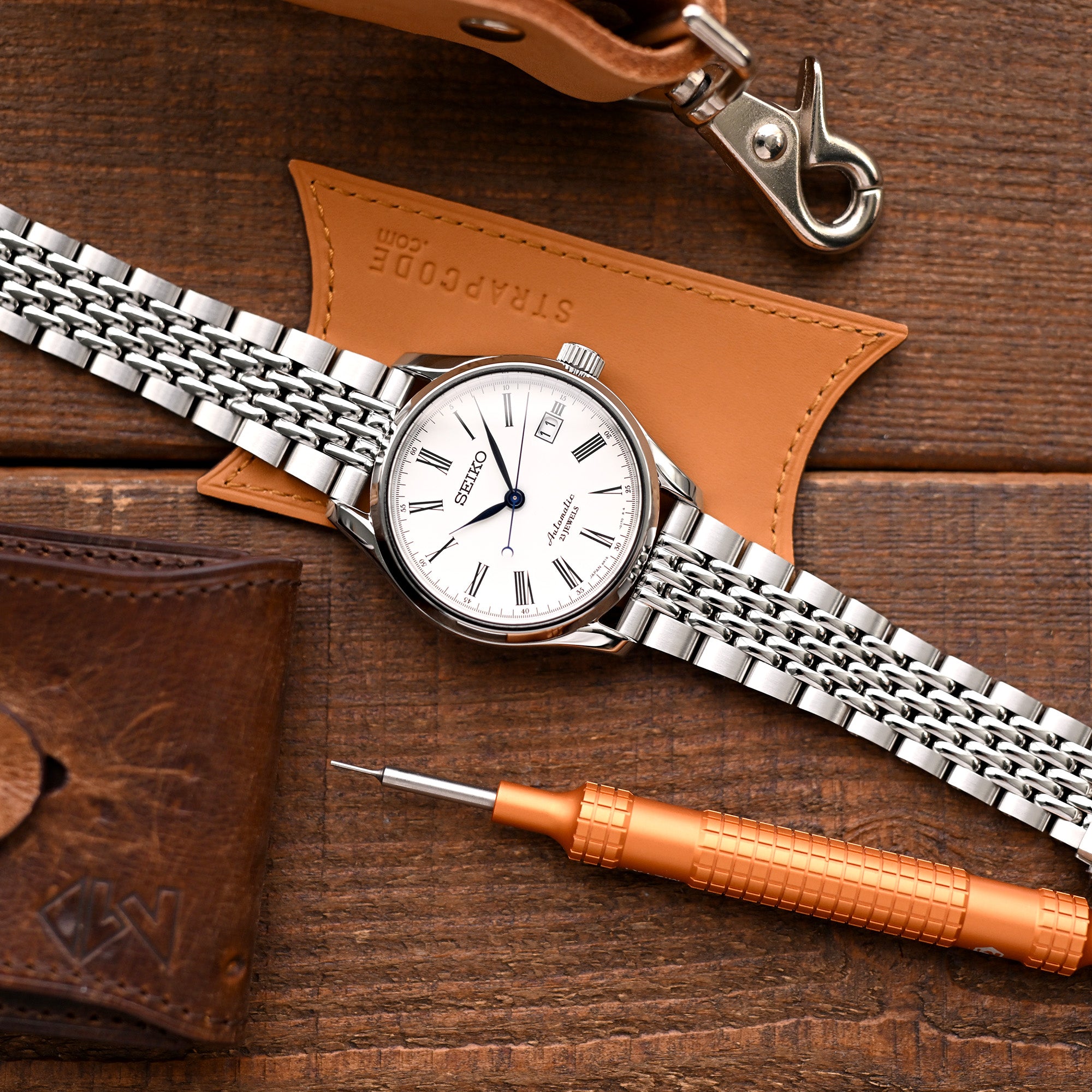 18mm, 19mm or 20mm Goma BOR Watch Band Straight End, 316L Stainless Steel Brushed and Polished V-Clasp Strapcode Watch Bands
