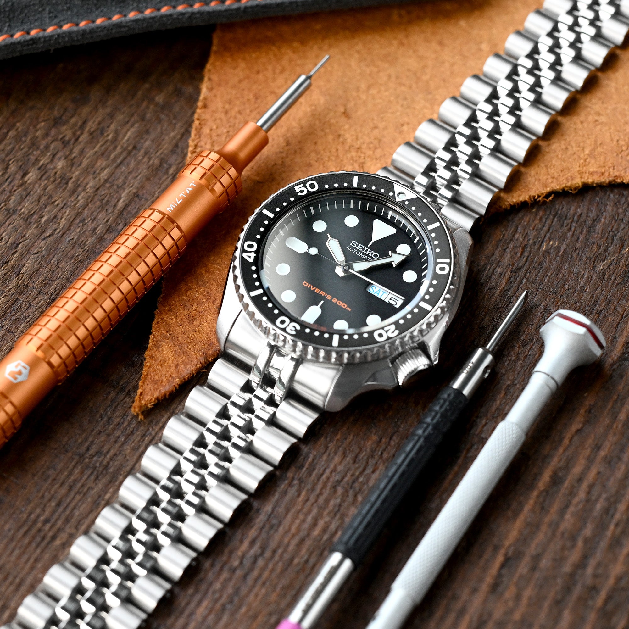 22mm Super-J Louis JUB Watch Band for Seiko SKX007 SKX009 SKX011, Stainless Steel - Brushed, Polished Center Links, Diver Clasp