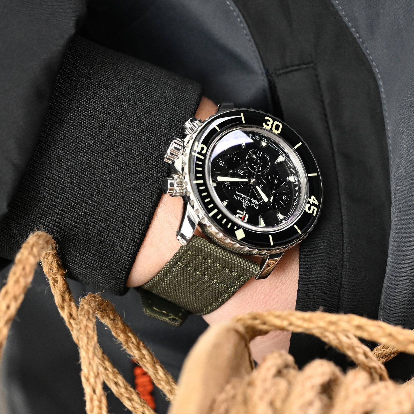 Q.R. Military Green Sailcloth Watch Band with leather lining, 19mm, 20mm or 23mm