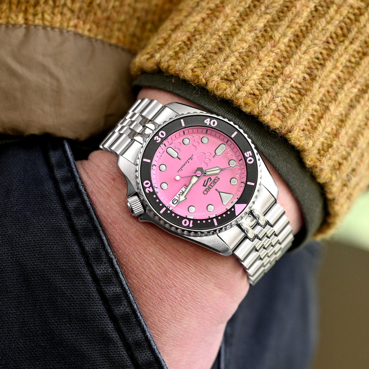 Cinturino 20mm Super-J Louis JUB per Seiko 5 Sports 38mm SRPK29 SRPK31 SRPK33, Acciaio Inox - Satinato con Centro Lucido, Chiusura V Diver