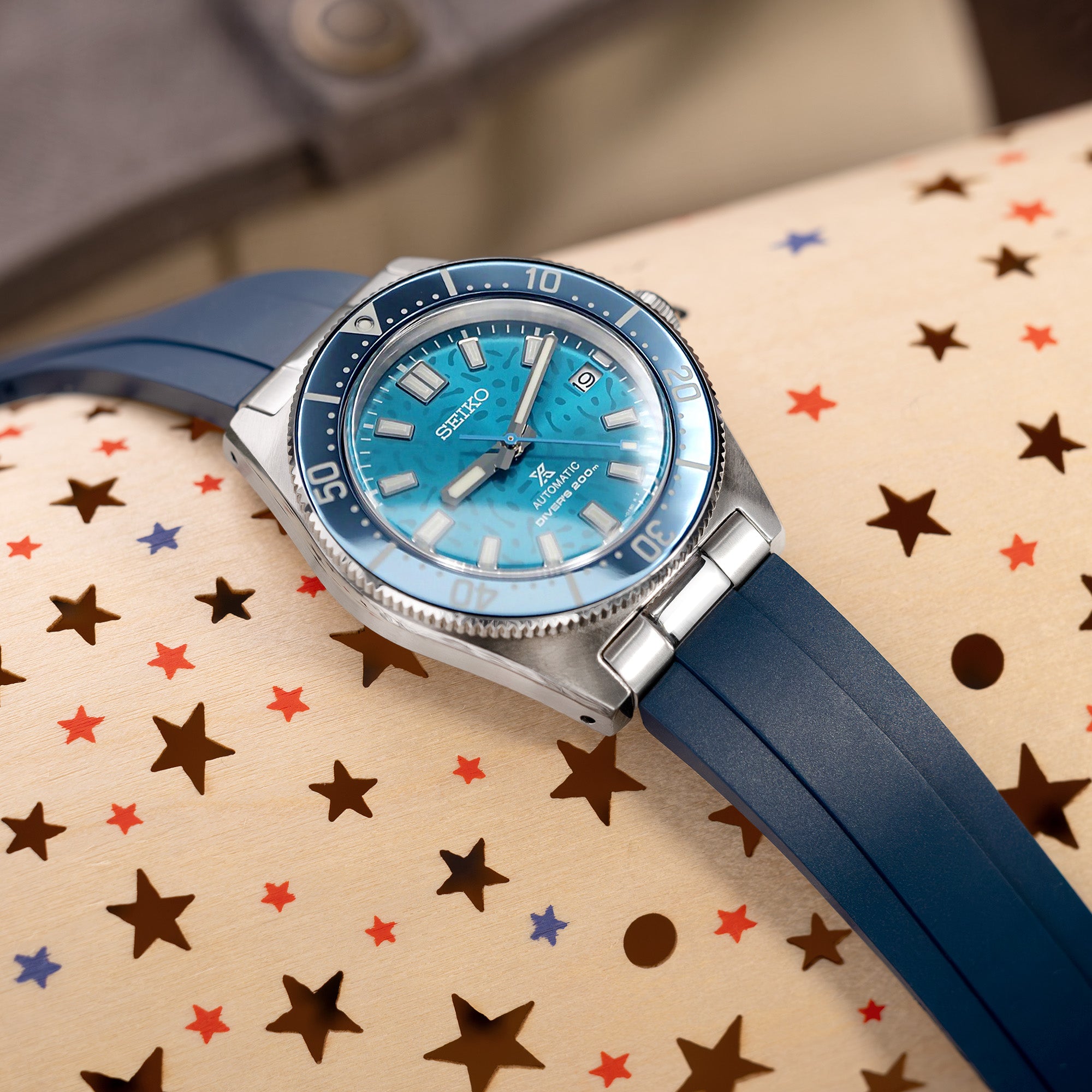 ハンドメイドプルオーバーBlue×stripe Blue Elastic Woven Nylon Strap with White Stripe, Brushed Finish