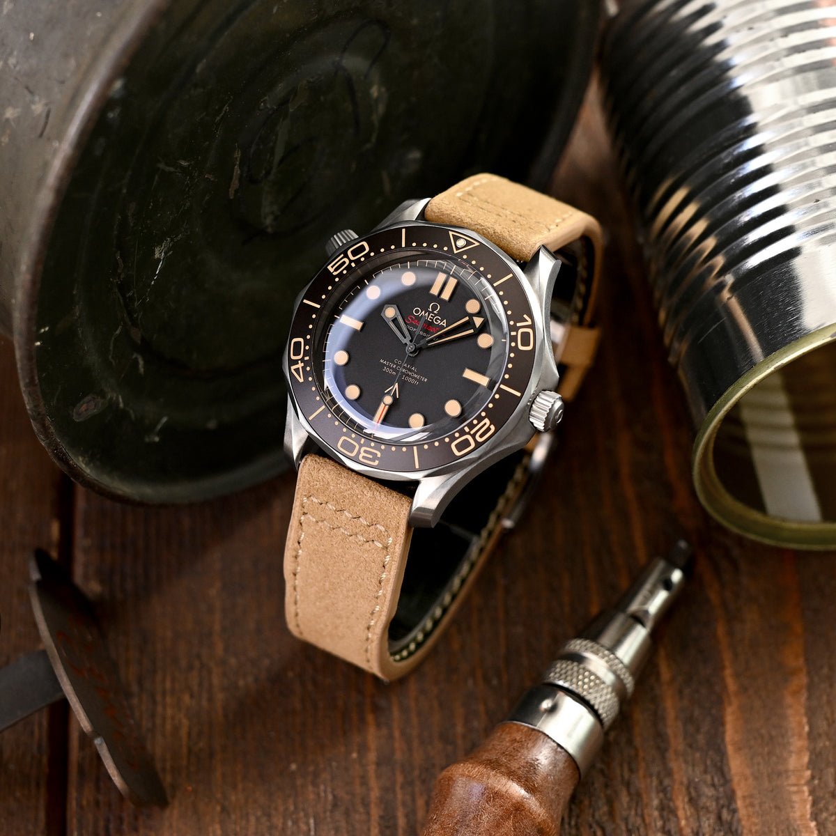 Khaki Alcantara Stoff Schnellwechsel-Uhrenarmband, beige Naht, 20mm, 21mm oder 22mm