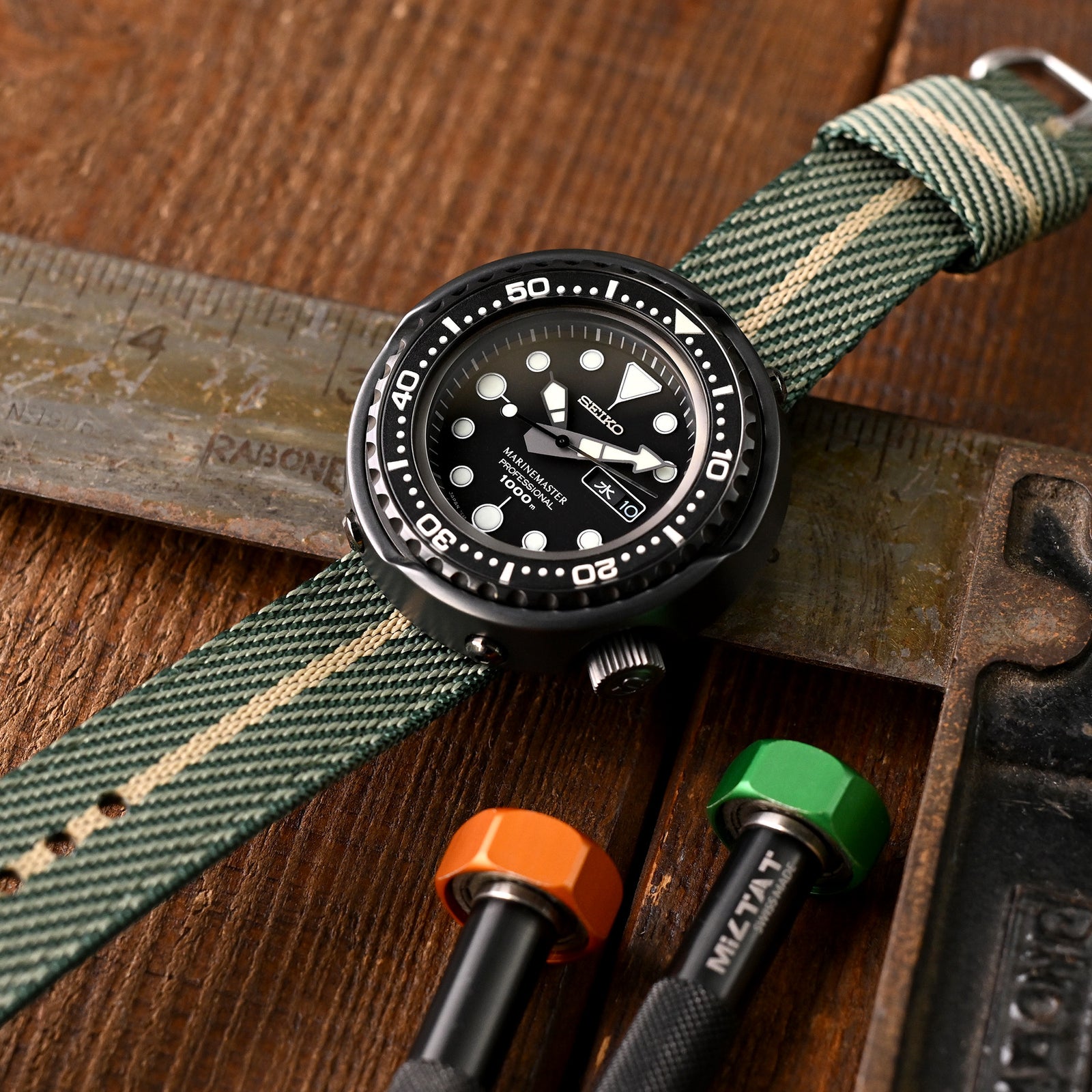 Cinturino orologio nylon 2 pezzi 22mm, sgancio rapido, verde & kaki, fibbia satinata