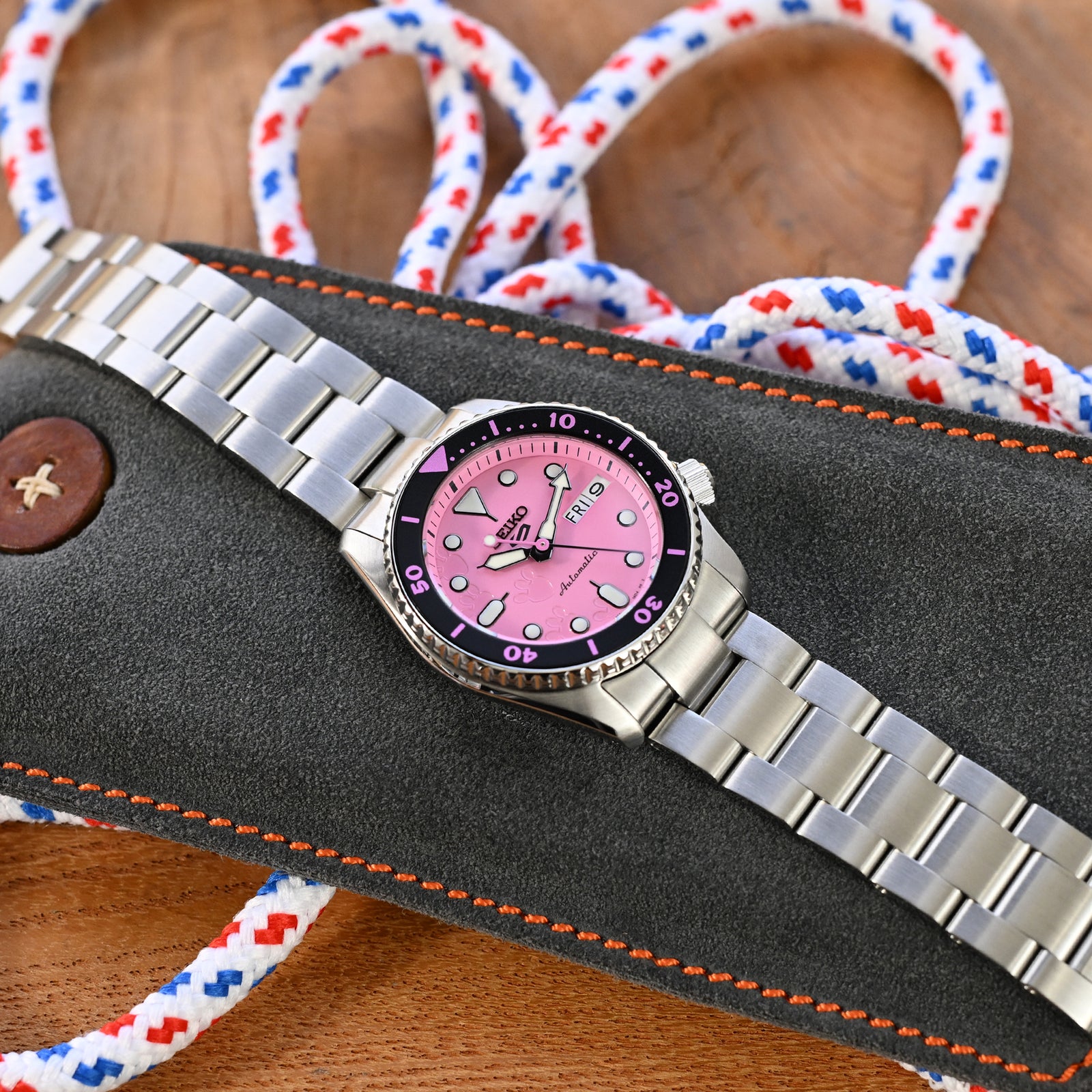 20mm Super-O Boyer Watch Band for Seiko 5 Sports 38mm SRPK29 SRPK31 SRPK33, Stainless Steel - Brushed, V Diver Clasp