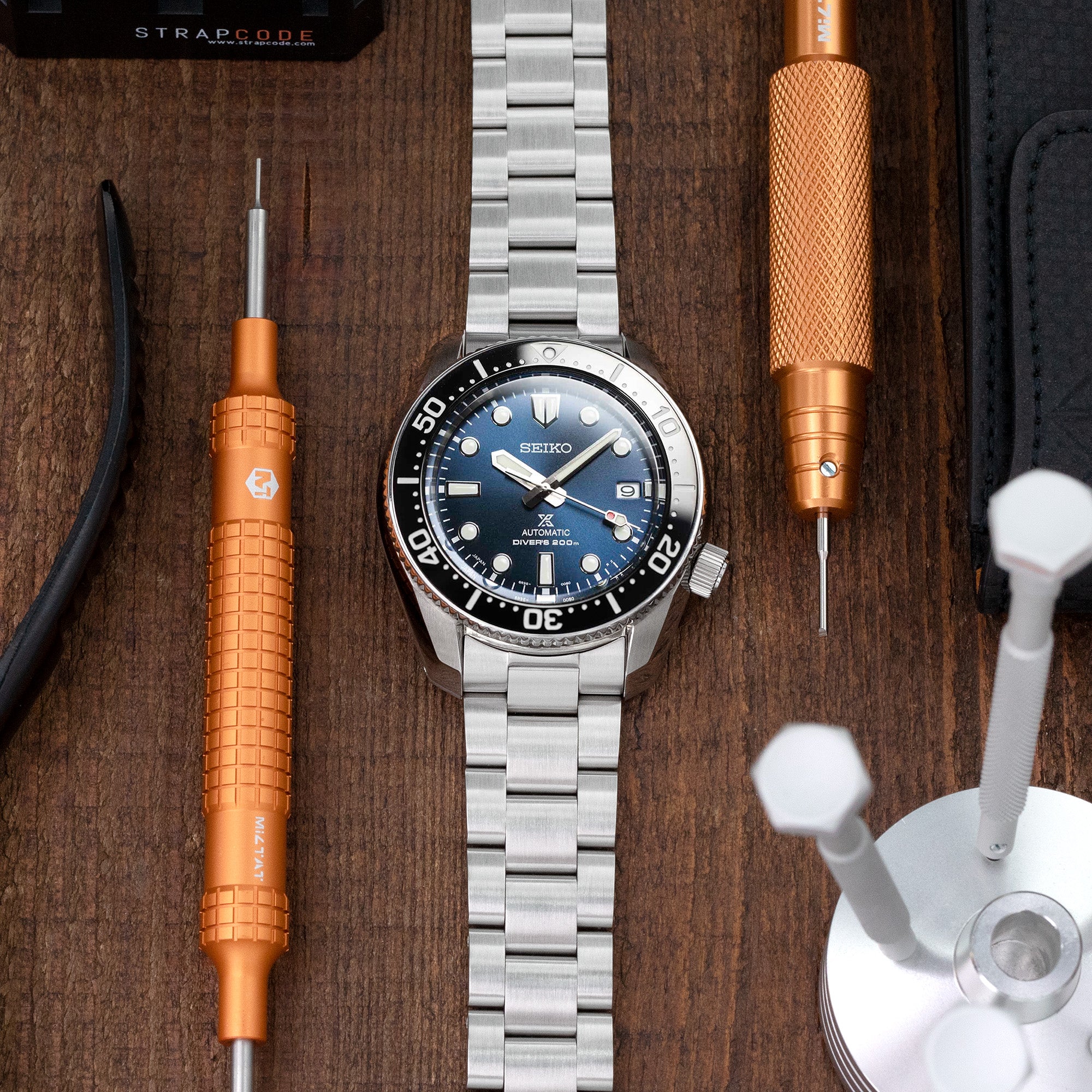 20mm Super-O Boyer Watch Band for Seiko Steelmaster SPB185 SPB187, Stainless Steel - Brushed, Baton Diver Clasp