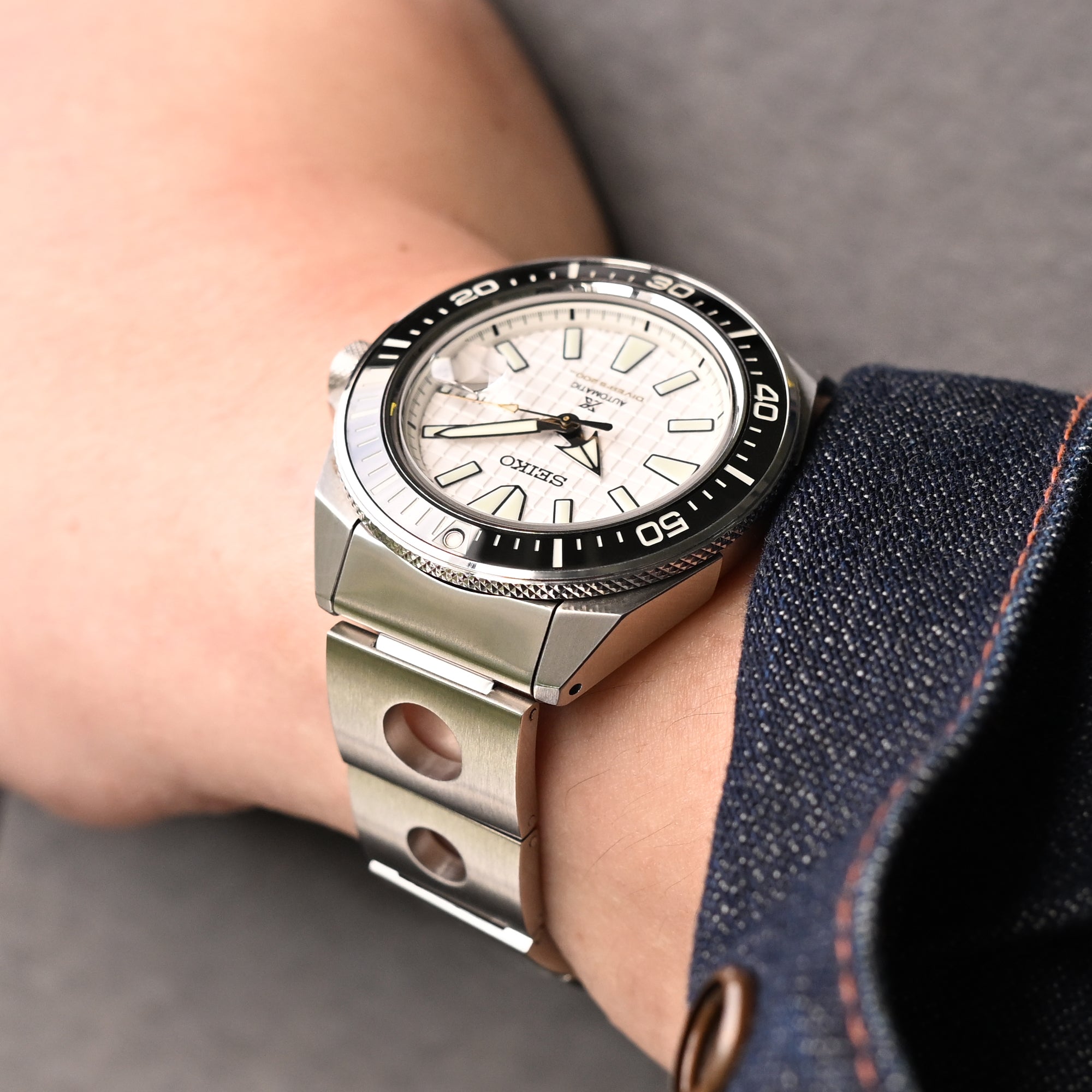 Cinturino Rollball 22mm per Seiko King Samurai SRPE33 SRPE37 SRPF79, Acciaio Inox - Satinato, Chiusura V Diver