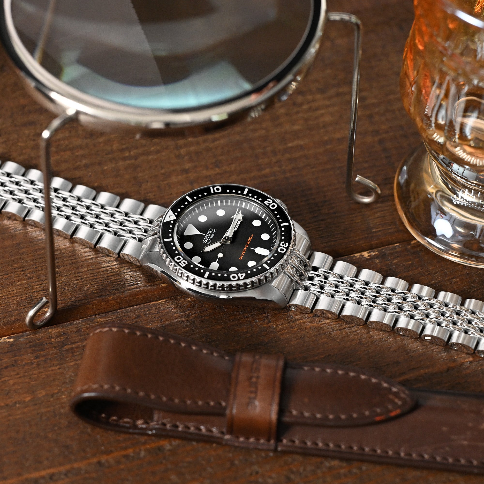 22mm Goma BOR Watch Band for Seiko SKX007, 316L Stainless Steel Brushed and Polished V-Clasp Strapcode Watch Bands