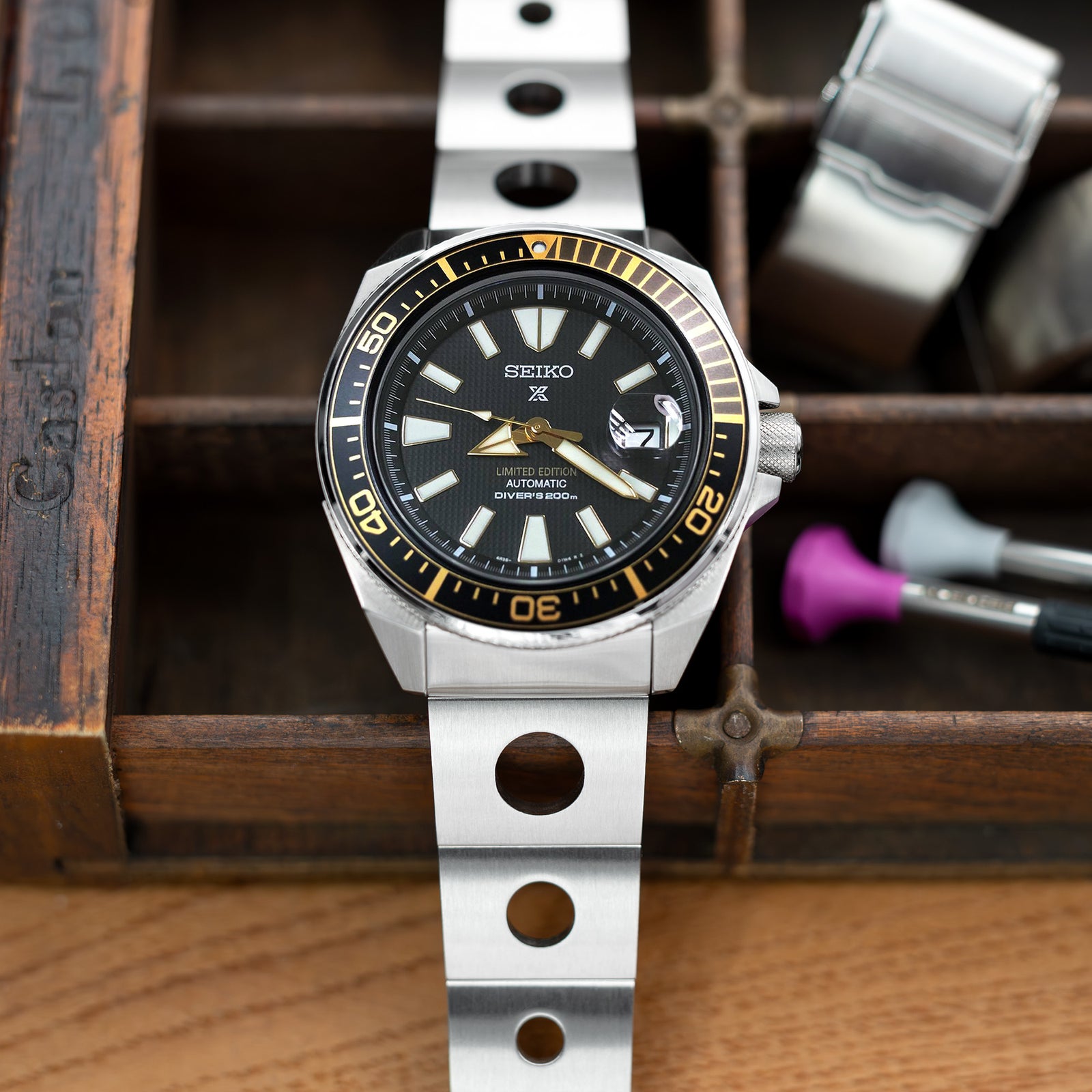 22mm Rollball II Uhrenarmband für Seiko Samurai SRPB51 SRPB09 SRPC93, Edelstahl - Gebürstet, Baton Diver Schließe