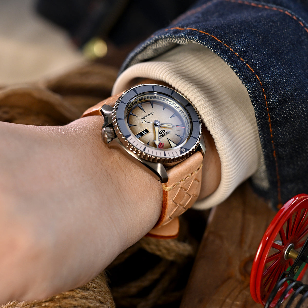 MiLTAT Zizz Kollektion 22mm Geflochtenes Kalbsleder-Uhrenarmband, LV Beige, Hellbraune Nähte