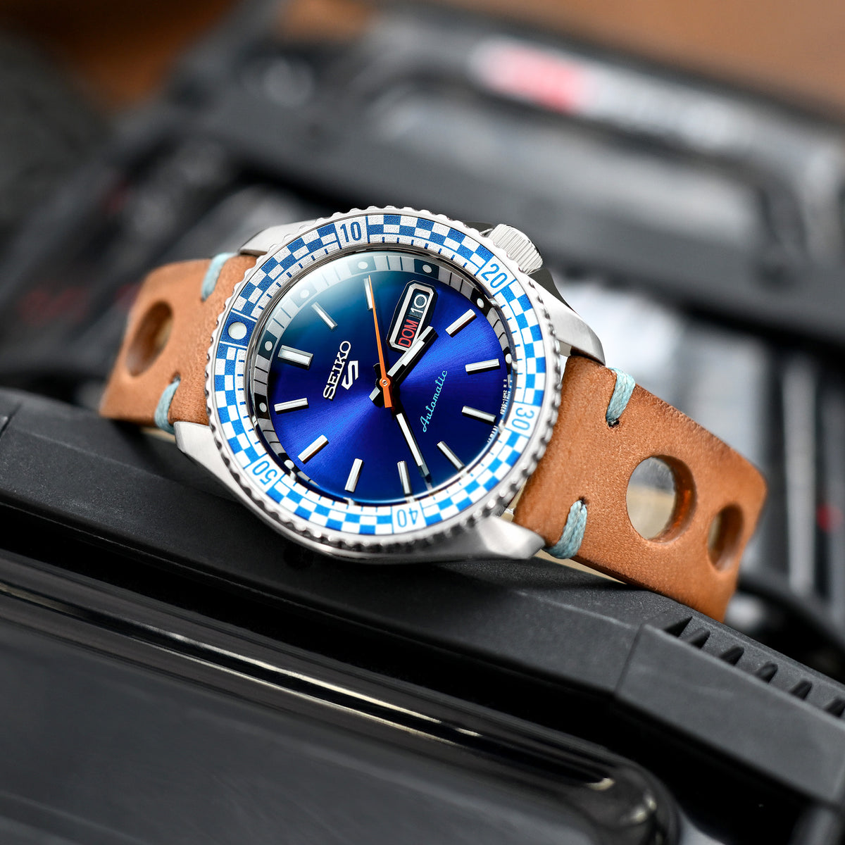 Q.R. 22mm ブラウン イタリアンハンドメイド レーサー レザーバンド、ブルーSt.