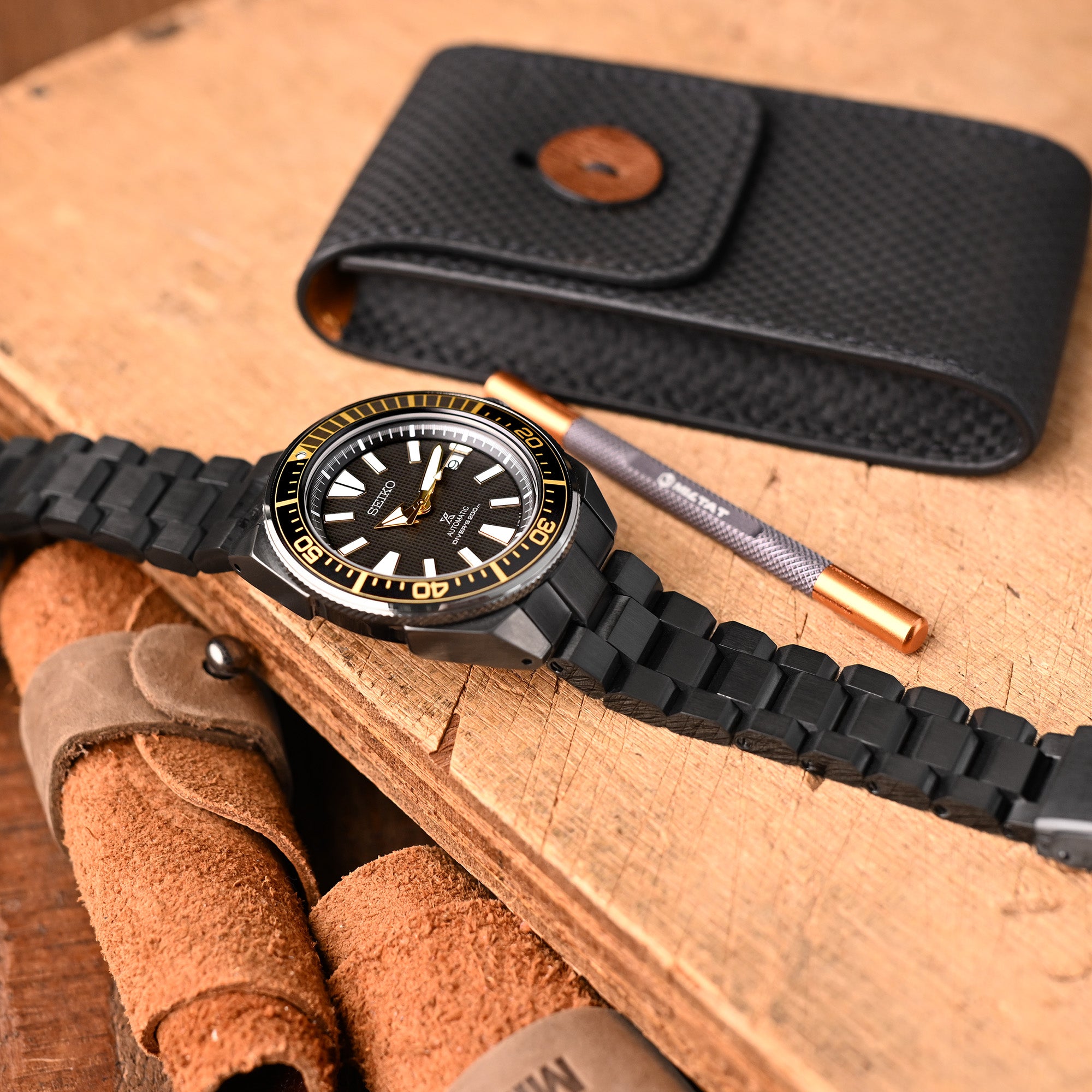 22mm Hexad Watch Band for Seiko Samurai SRPB51 SRPB09 SRPC93, Stainless Steel - Brushed (DLC) Black Coating, V Diver Clasp