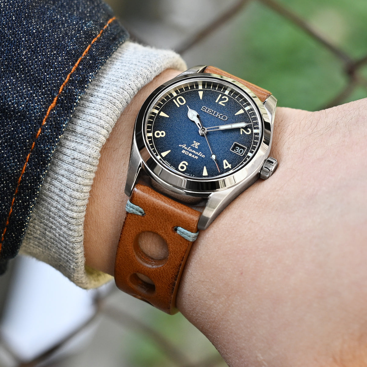 Q.R20mm ブラウン イタリア製ハンドメイド レーサー レザーバンド、ブルーSt.