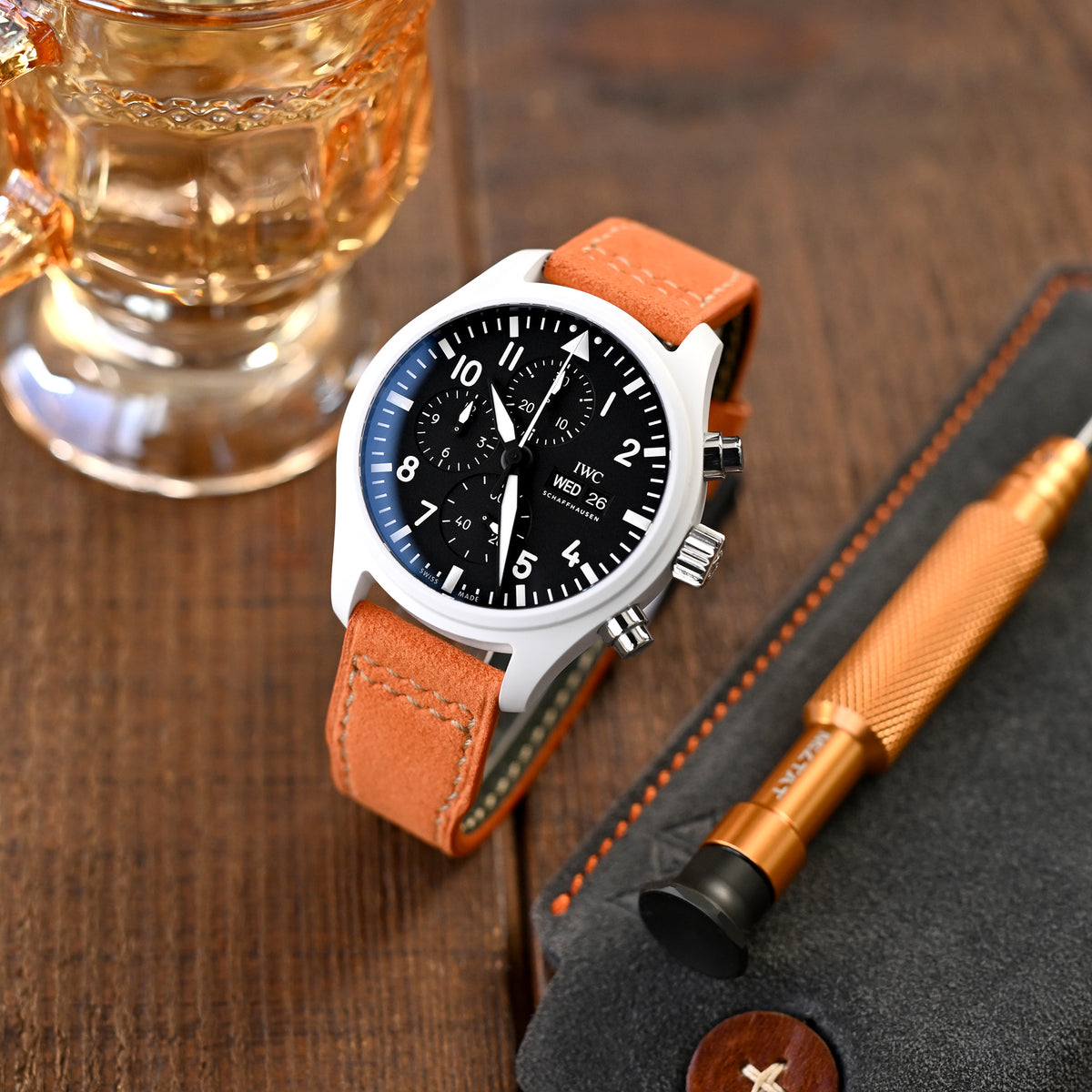 Bracelet montre en tissu Alcantara orange à dégagement rapide, surpiqûre beige, 20mm, 21mm ou 22mm