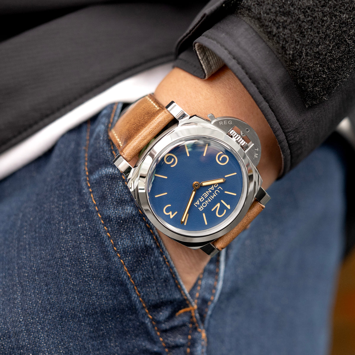 Pam Kollektion, Vintage Braun Horween Chromexcel Leder Uhrenarmband für Panerai, Beige Naht