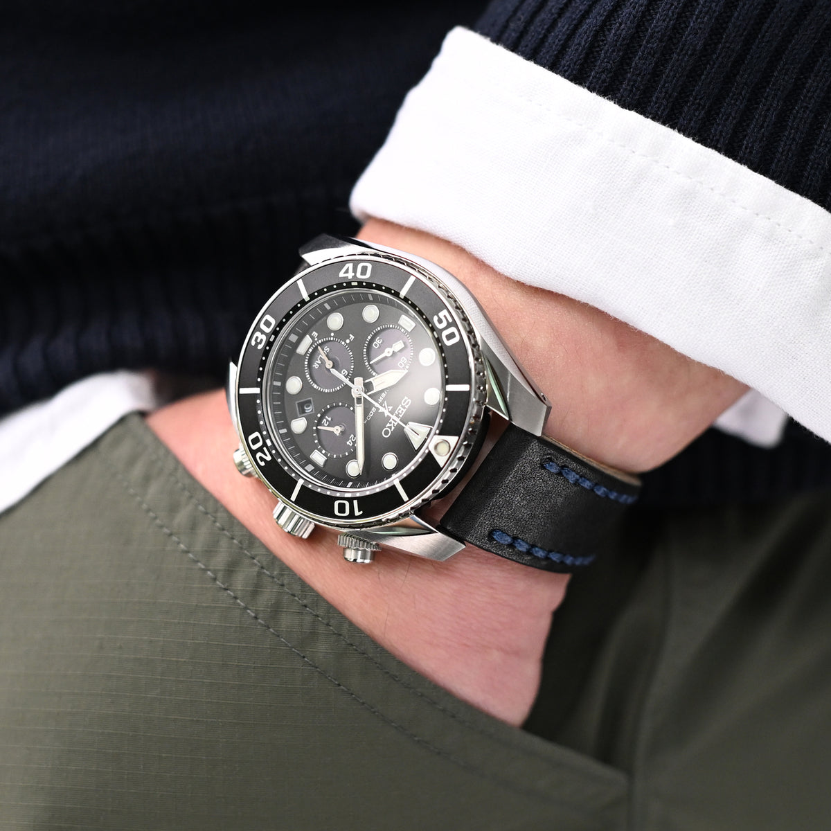 Cinturino orologio in pelle italiana artigianale Griffon nero 20mm, cucitura blu