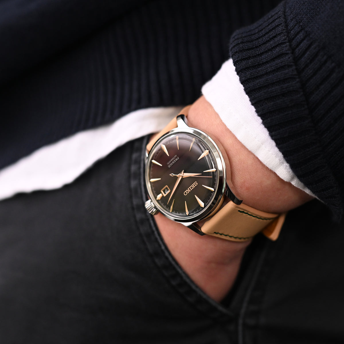 Q.R. Correa de reloj de cuero beige cónico de 20mm, costuras verde bosque + Zermatt