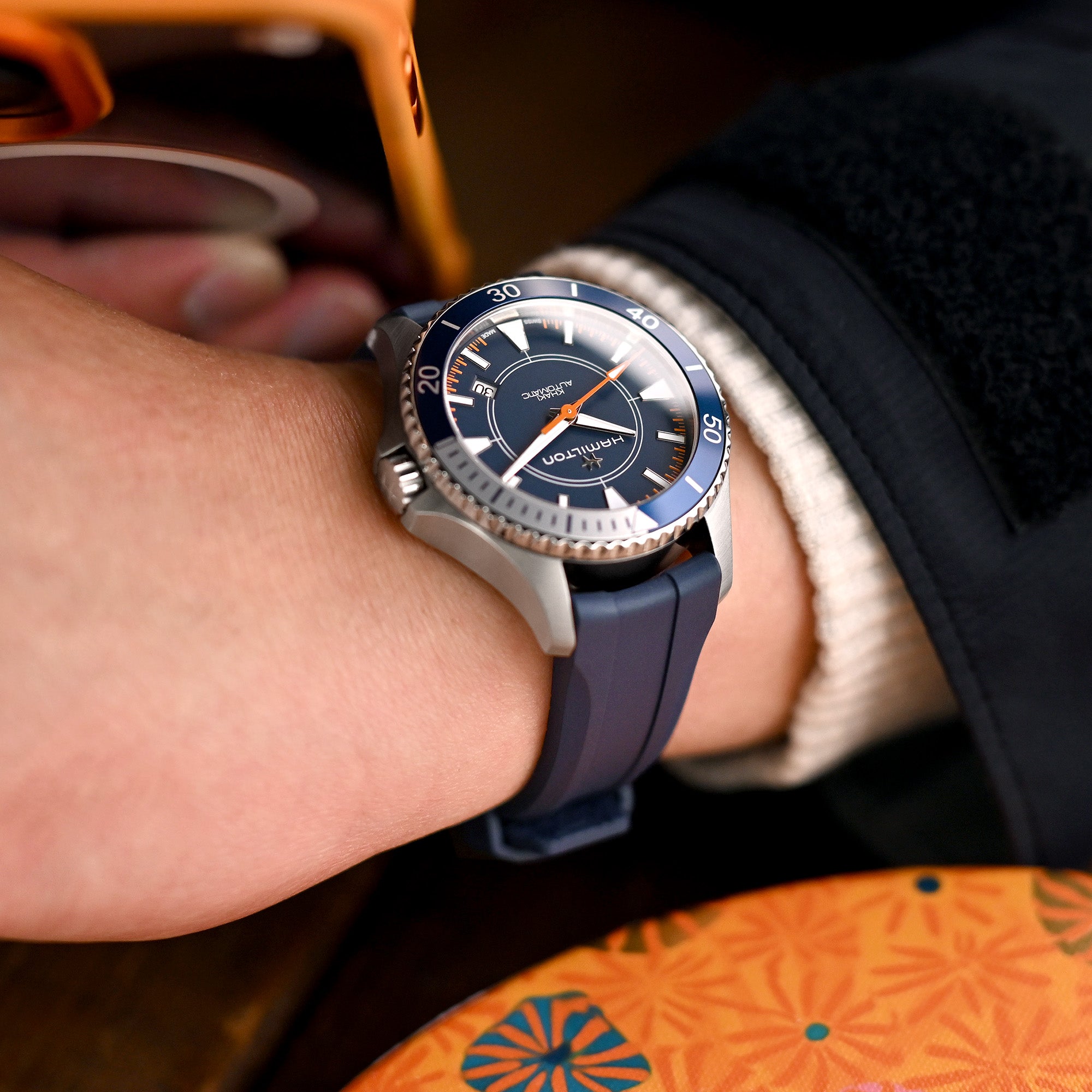 20mm Navy Blue Wheels Curved End FKM Rubber Watch Strap | StrapCode