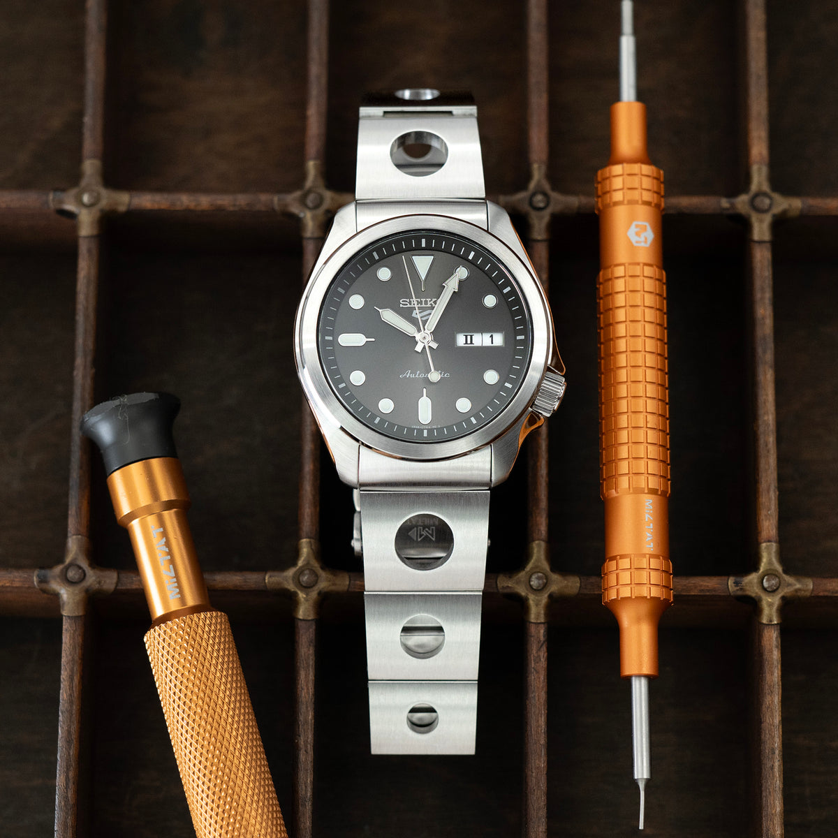 20mm Rollball II Watch Band for Seiko 5 Sports 40mm SRPE51 SRPE53 SRPG35, Stainless Steel - Brushed, Baton Diver Clasp