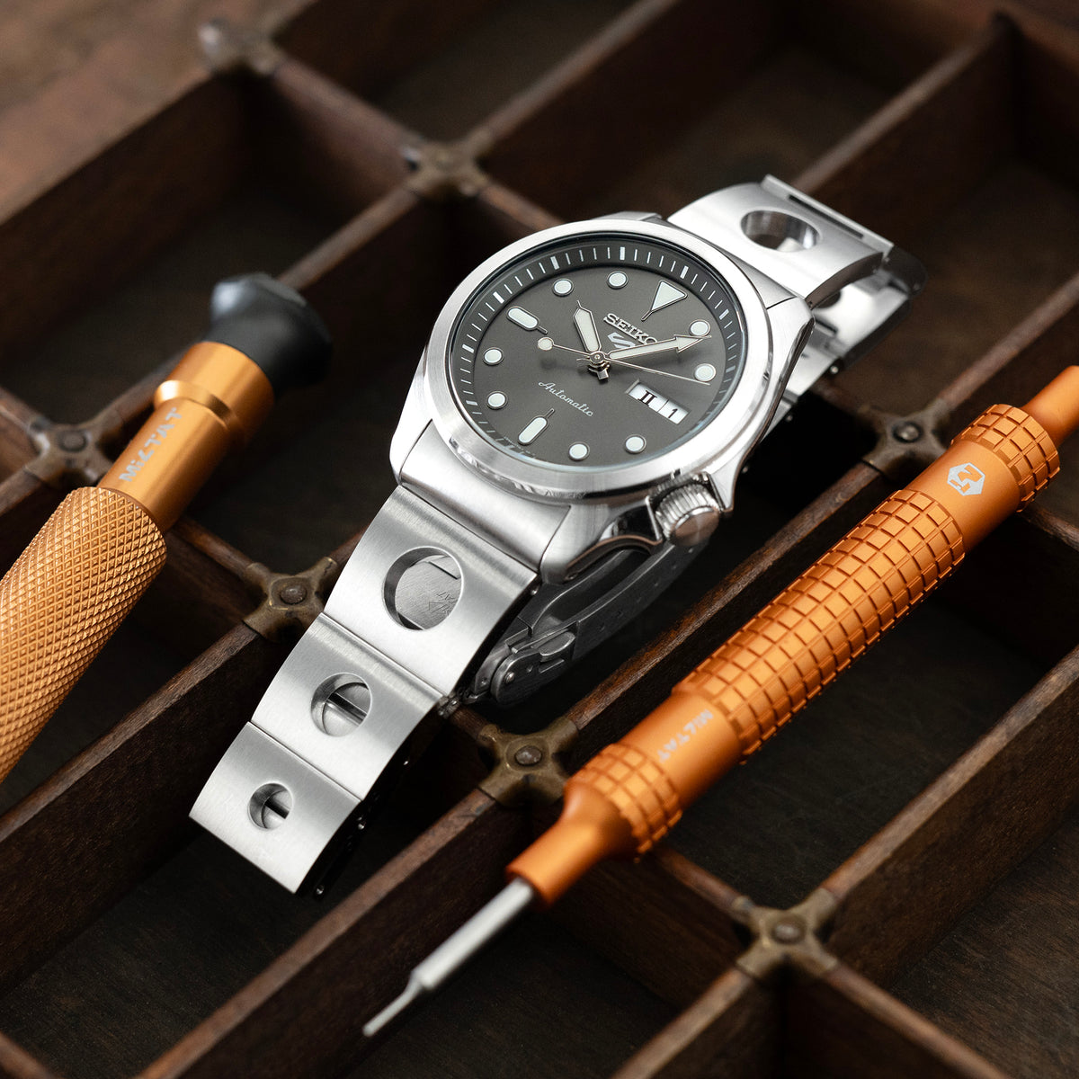 20mm Rollball II Watch Band for Seiko 5 Sports 40mm SRPE51 SRPE53 SRPG35, Stainless Steel - Brushed, Baton Diver Clasp