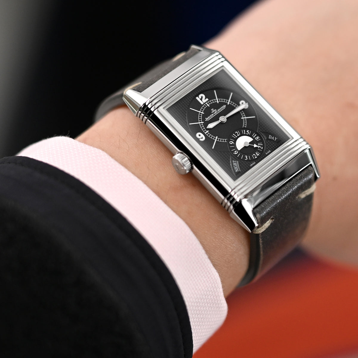 Q.R. 22mm Vintage Black Italian Handmade Leather Watch Strap, Khaki Stitching