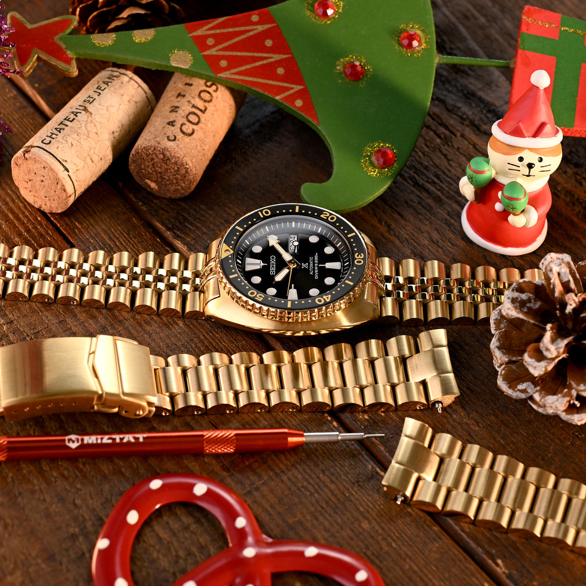 22mm Endmill Watch Band compatible with Seiko Gold Turtle SRPC44, 316L Stainless Steel SUB Clasp full IP Gold