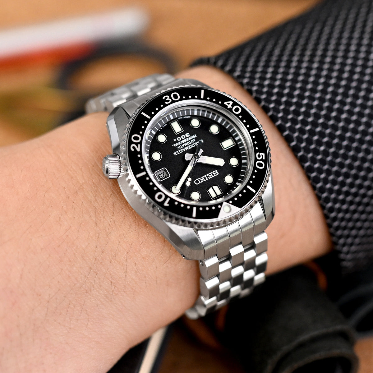 20mm Super Engineer II Uhrenarmband für Seiko MM300 Prospex Marinemaster SBDX001 SBDX017 SBDX023, Edelstahl - Gebürstet, V-Diver Schließe