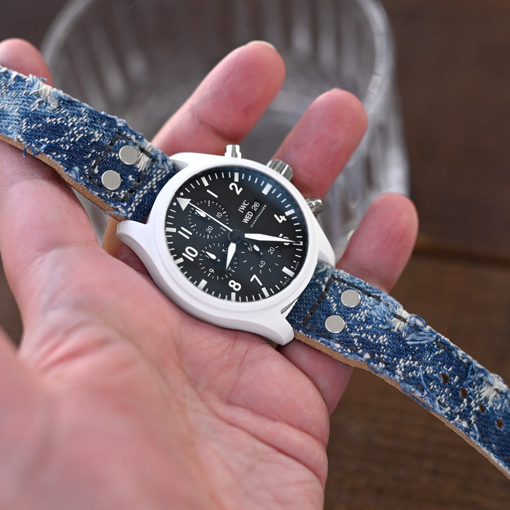 21mm 22mm Heavy Distressed Blue Denim Watch Strap with Rivets