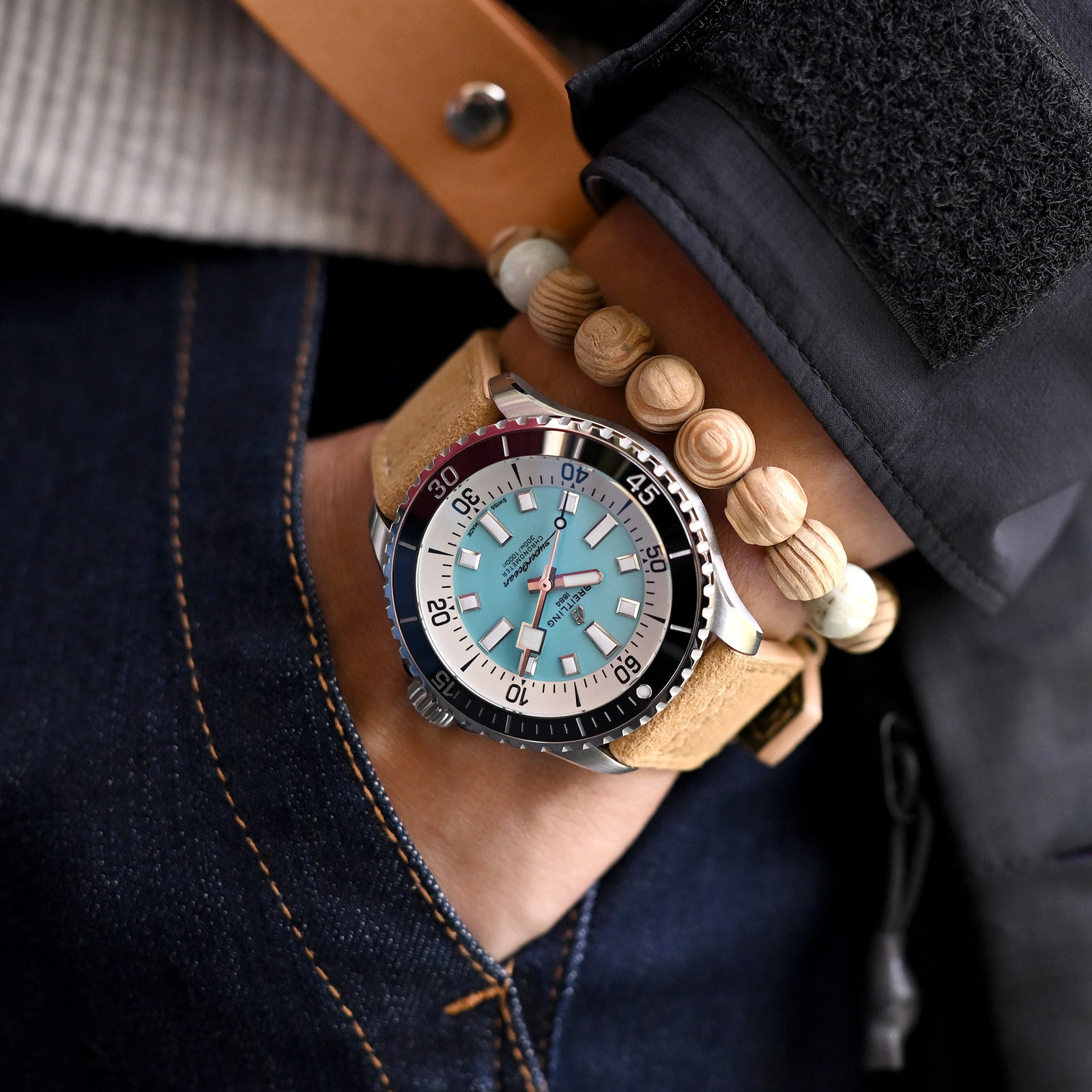 Khaki Alcantara Fabric Quick Release Watch Band, Beige Stitching, 20mm, 21mm or 22mm Strapcode watch bands