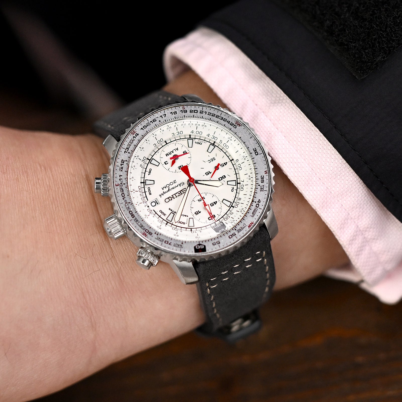 Charcoal Black Alcantara Fabric Quick Release Watch Band, Beige Stitching, 20mm, 21mm or 22mm Strapcode watch bands