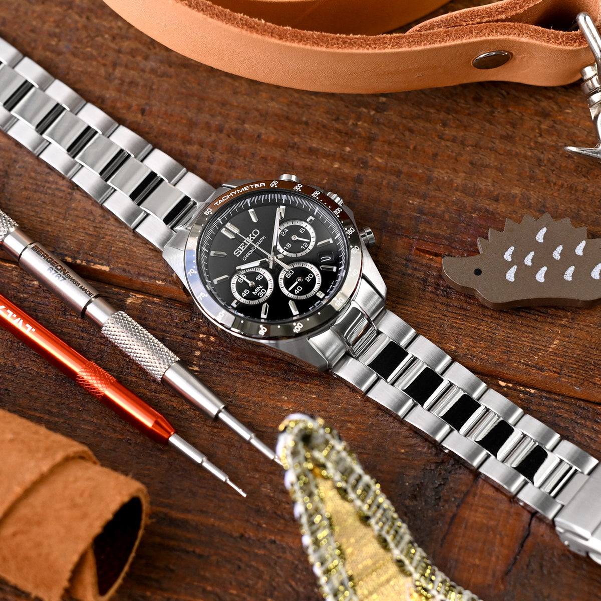 20mm Super-O Boyer Watch Band for Seiko Cocktail SRPB41 SSA345 SSA341, Stainless Steel - Brushed with Polished Center, V Diver Clasp