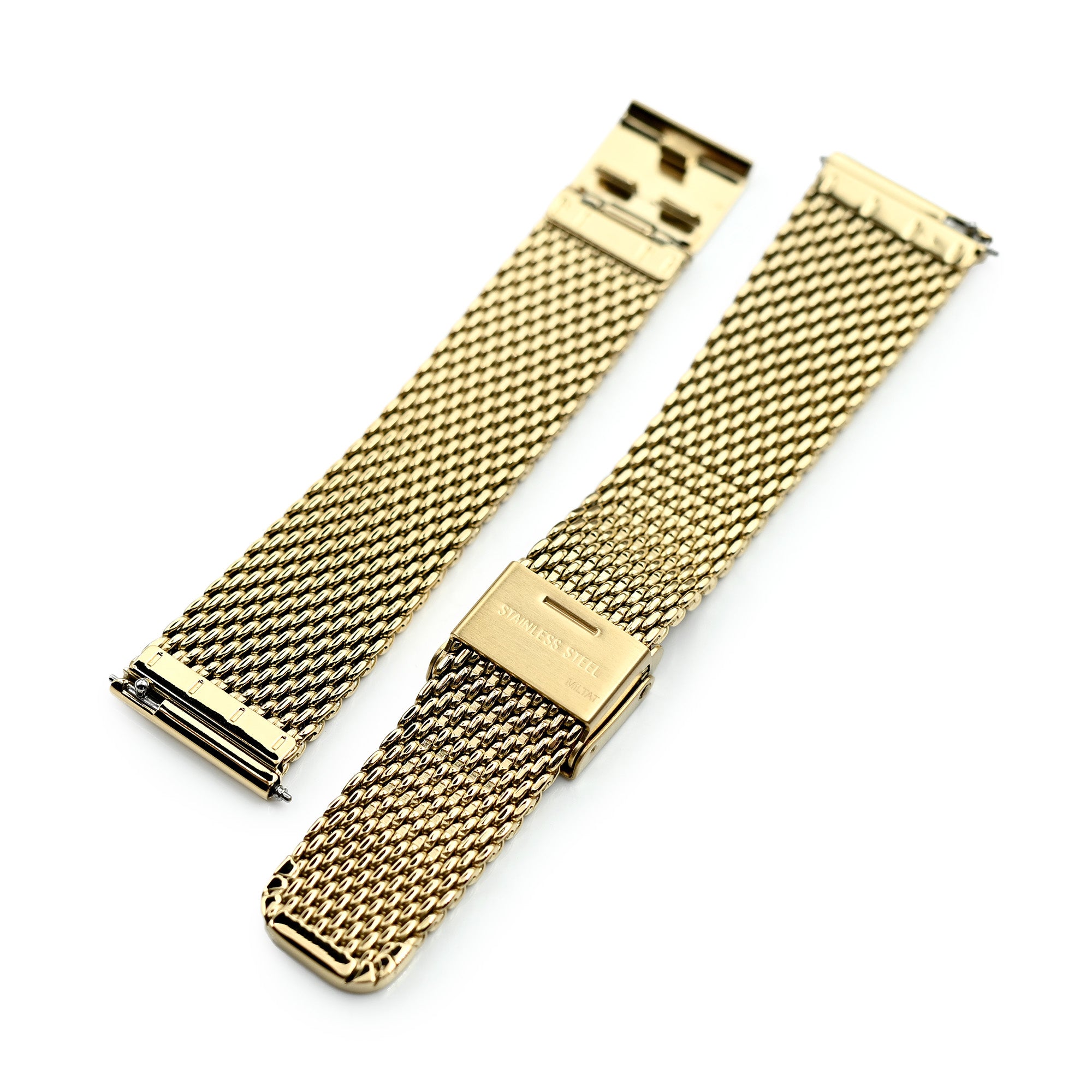 Banda di orologi a maglie milanese affusolata di rilascio rapido, 19 mm, 20 mm, 21 mm o 22 mm, oro IP