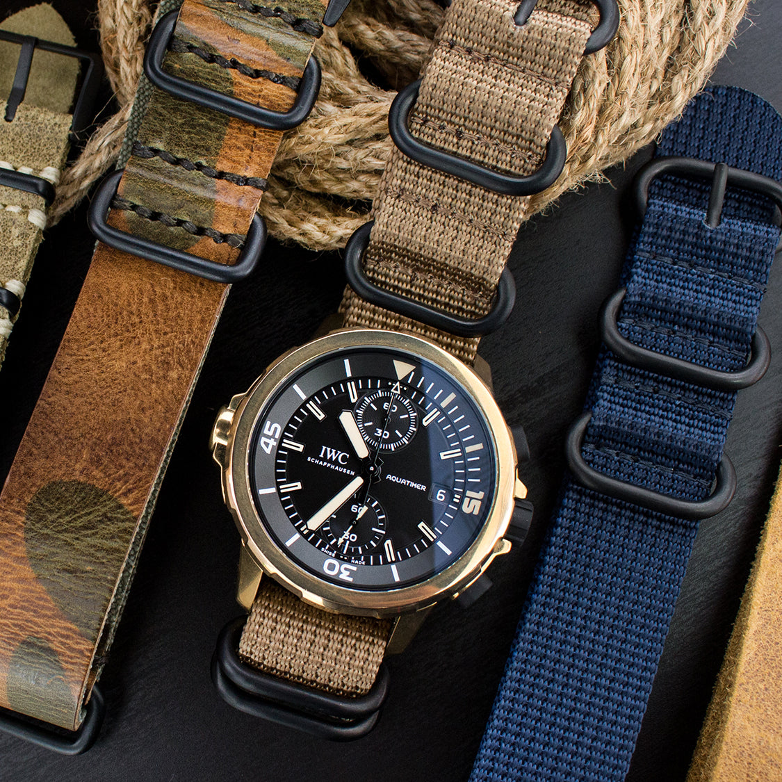 20mm MiLTAT Senno G10 Leather Watch Strap LV Beige, PVD Black - Strapcode