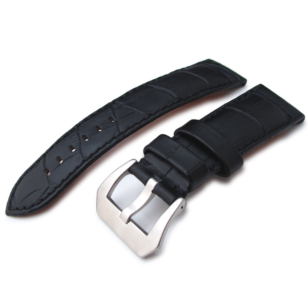 24mm CrocoCalf (Croco Grain) Matte Black Watch Strap with Black Stitches Strapcode Watch Bands