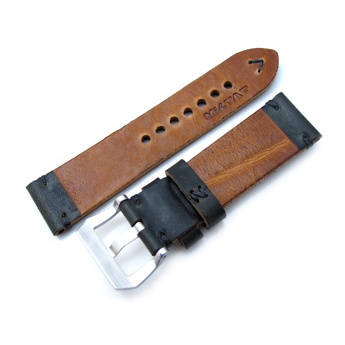 24mm MiLTAT Horween Chromexcel Watch Strap Blackish Green Grey Stitching Strapcode Watch Bands