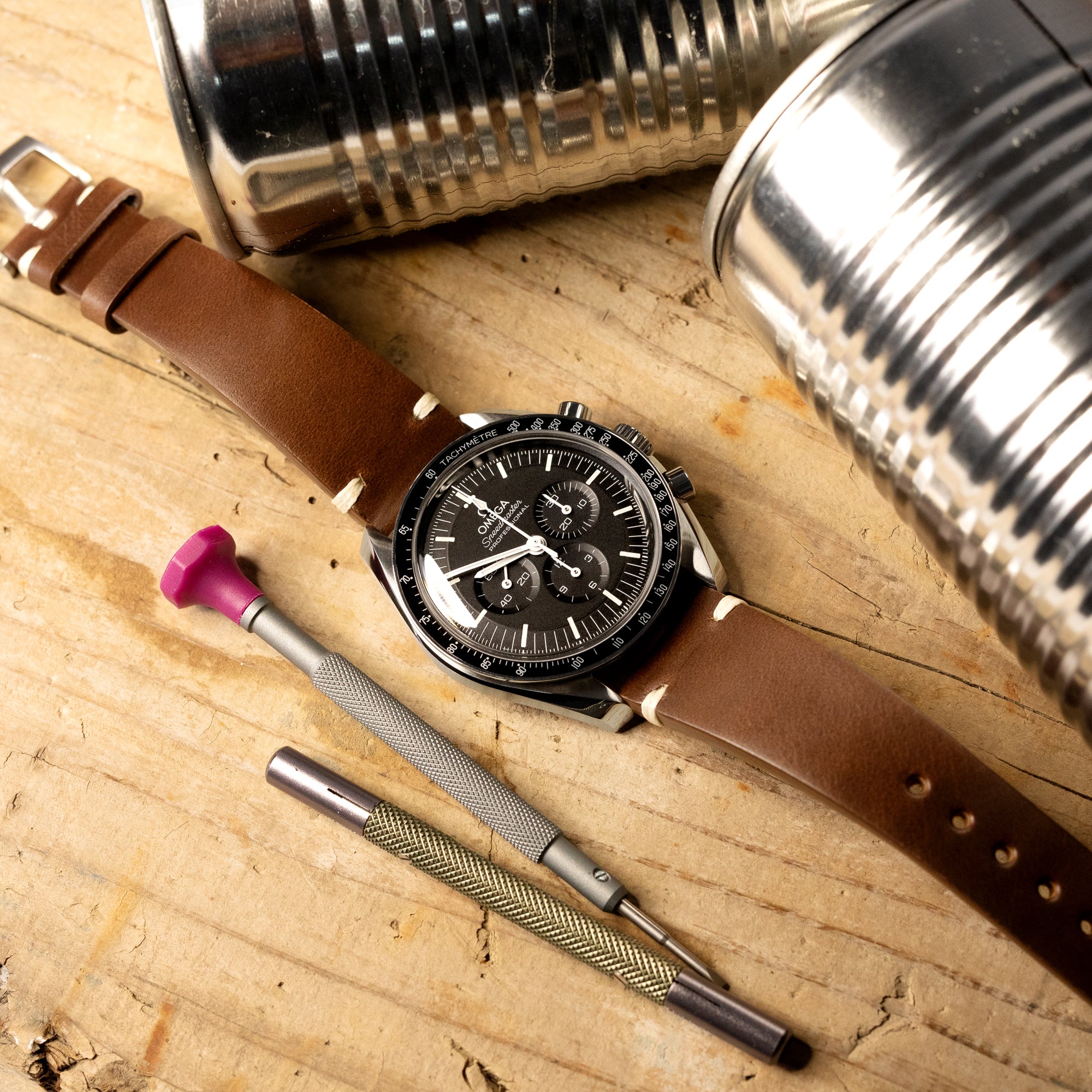 Q.R. 19mm to 21mm Brown Horween Chromexcel Watch Strap, Beige Stitching Strapcode Watch Bands