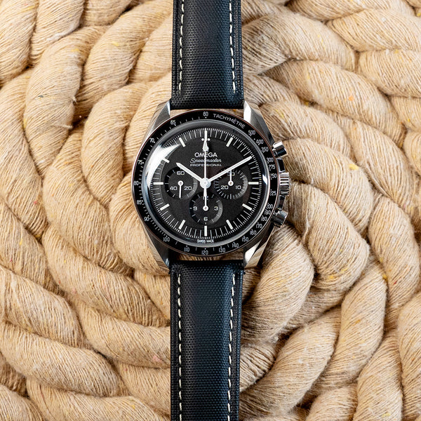 20mm or 22mm Black Woven Texture Watch Strap, Beige Stitching, Brushed ...