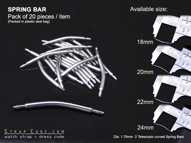 18, 19, 20, 21, 22, 24mm Curved Spring Bars Double Shoulder 1.78mm Dia. (pack of 20 pieces)