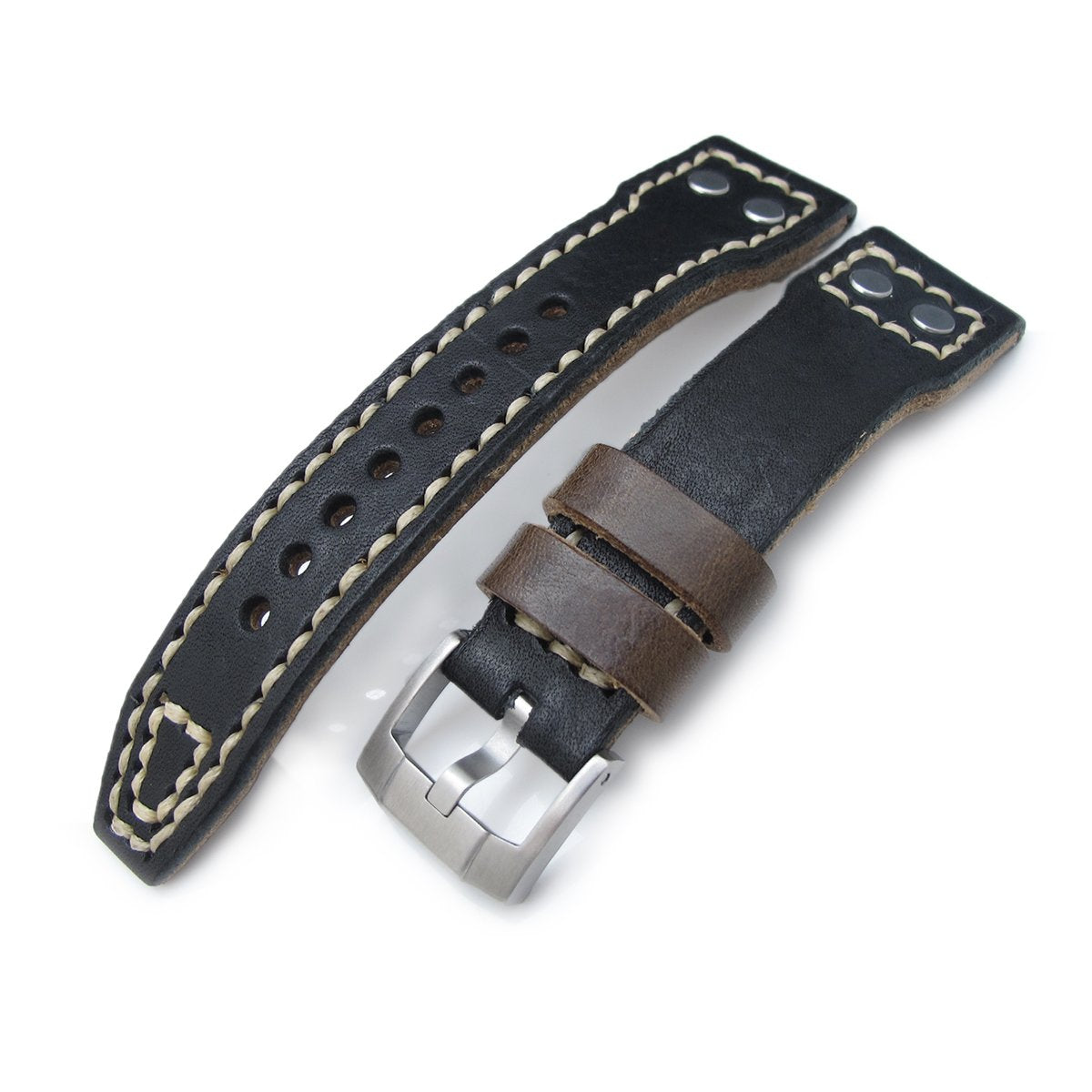21mm 22mm MiLTAT Black Pull Up Aniline Italian Leather Watch Strap Rivet Military strap Strapcode Watch Bands