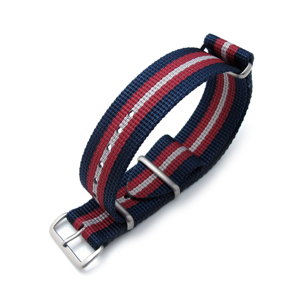 MiLTAT 20mm 21mm or 22mm G10 NATO Bullet Tail Watch Strap Ballistic Nylon Brushed Blue Red & Grey Stripes Strapcode Watch Bands