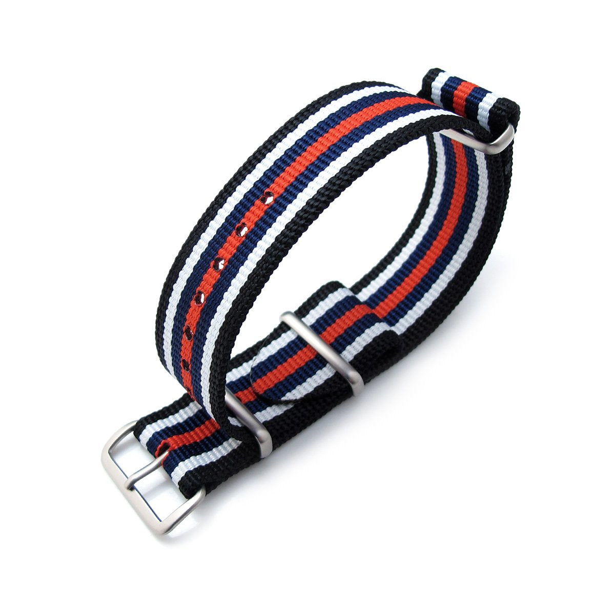 MiLTAT 21mm or 22mm G10 NATO Bullet Tail Watch Strap Ballistic Nylon Brushed Black White Blue &amp; Red Stripes Strapcode Watch Bands