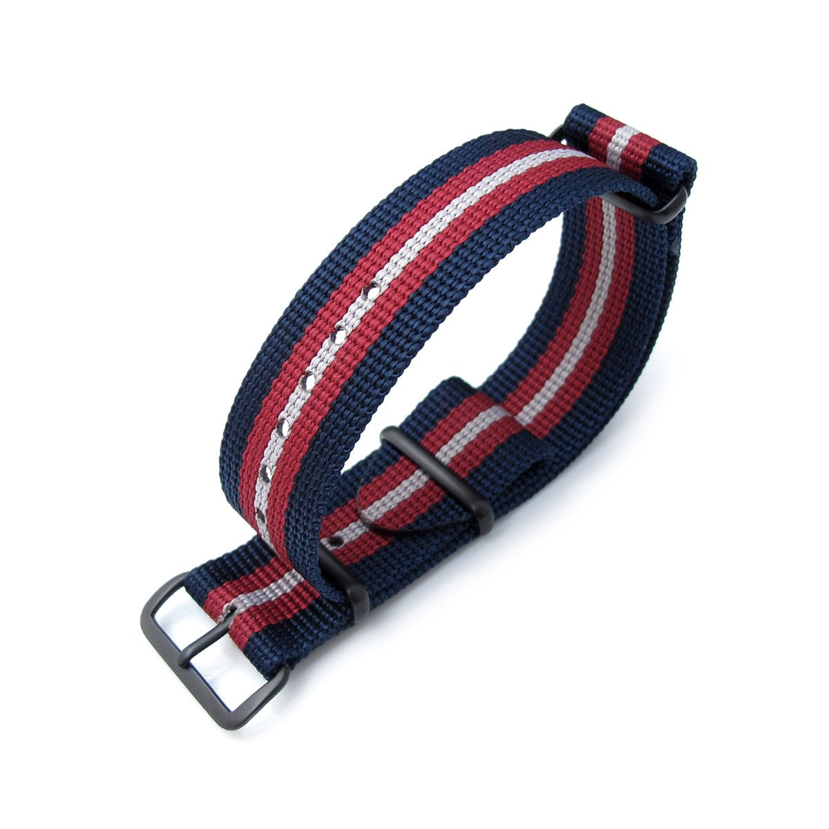 MiLTAT 20mm 21mm or 22mm G10 NATO Bullet Tail Watch Strap Ballistic Nylon PVD Blue Red & Grey Stripes Strapcode Watch Bands