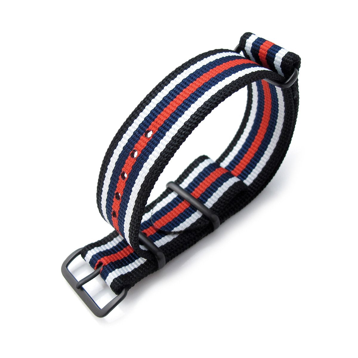 MiLTAT 21mm or 22mm G10 NATO Bullet Tail Watch Strap Ballistic Nylon PVD Black White Blue &amp; Red Stripes Strapcode Watch Bands