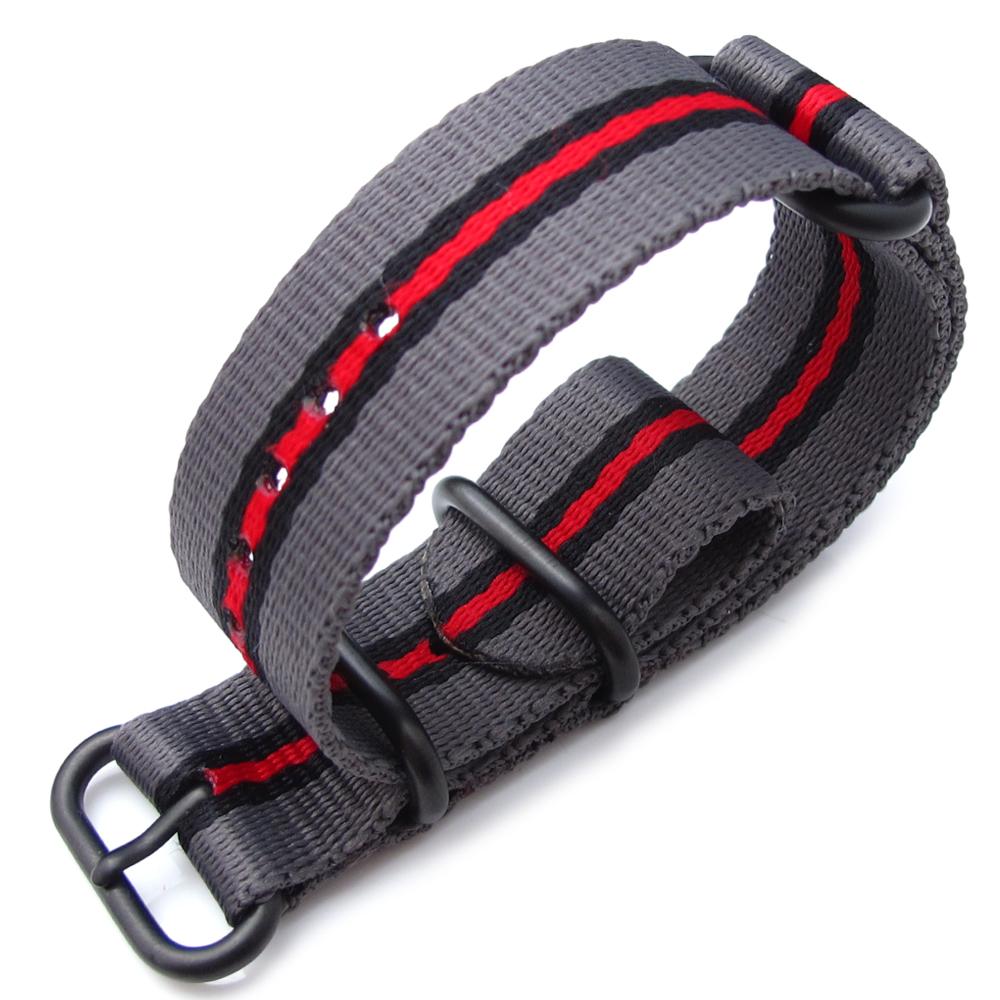 MiLTAT 20mm 22mm or 24mm 3 Rings Zulu JB military watch strap ballistic nylon armband Grey Black &amp; Red PVD Black Hardware Strapcode Watch Bands