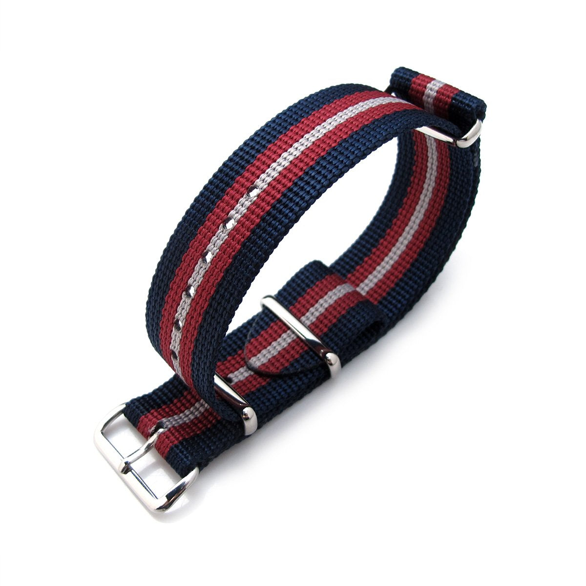 MiLTAT 20mm 21mm or 22mm G10 NATO Bullet Tail Watch Strap Ballistic Nylon Polished Blue Red &amp; Grey Stripes Strapcode Watch Bands